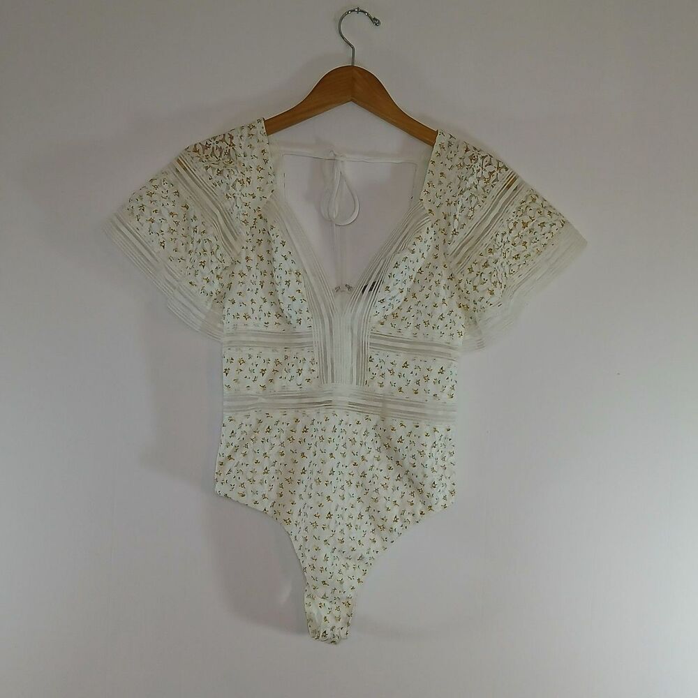 Blue Blush Floral Lace Bodysuit Small White Yellow Tie Back Cottagecore Coquette